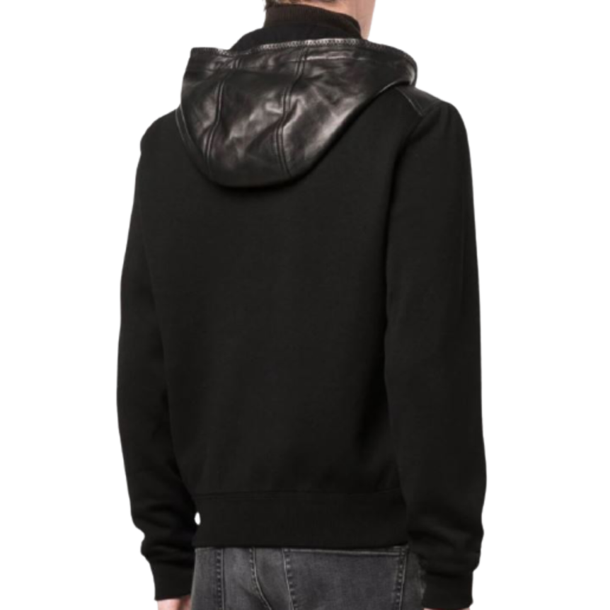 Blouson réversible à capuche bi matière cuir tricot manches noir
