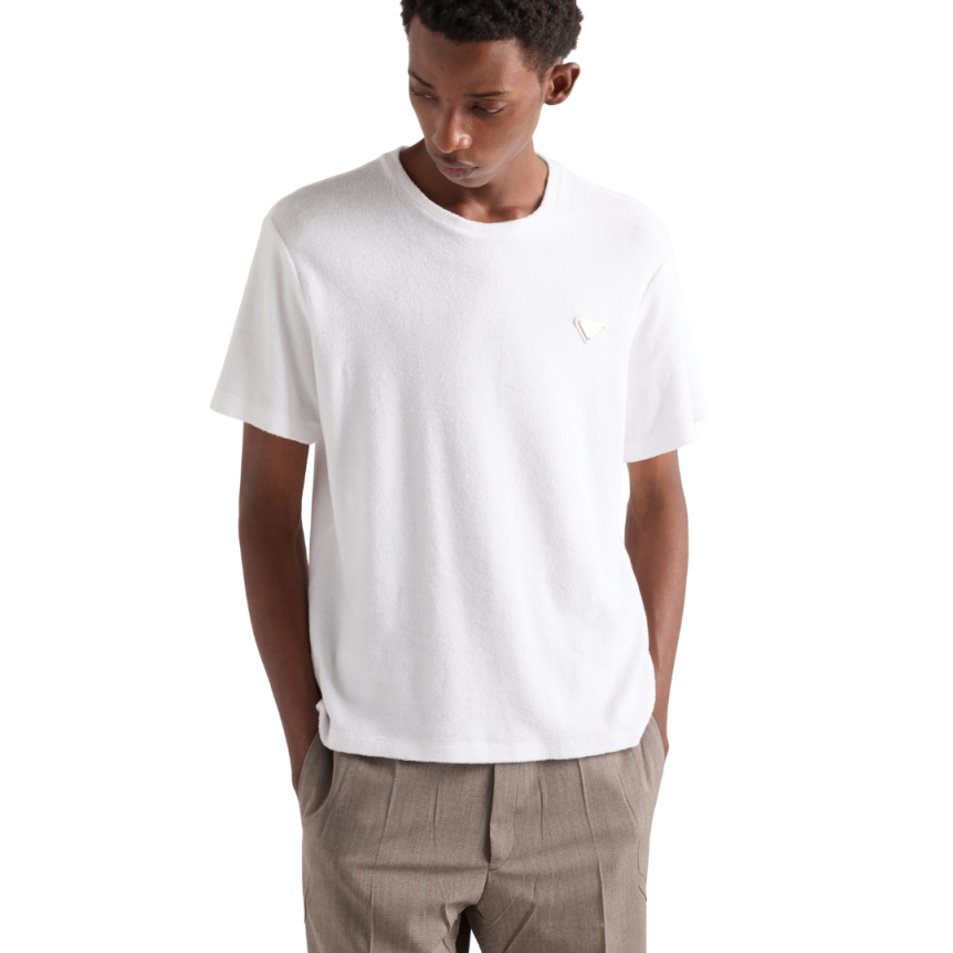 T-shirt PRADA col rond coton éponge blanc logo triangle métal