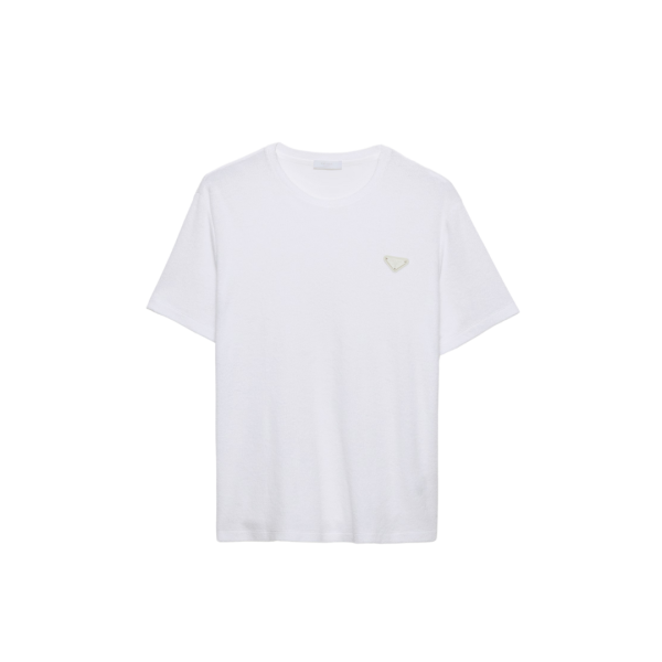 T-shirt PRADA col rond coton éponge blanc logo triangle métal