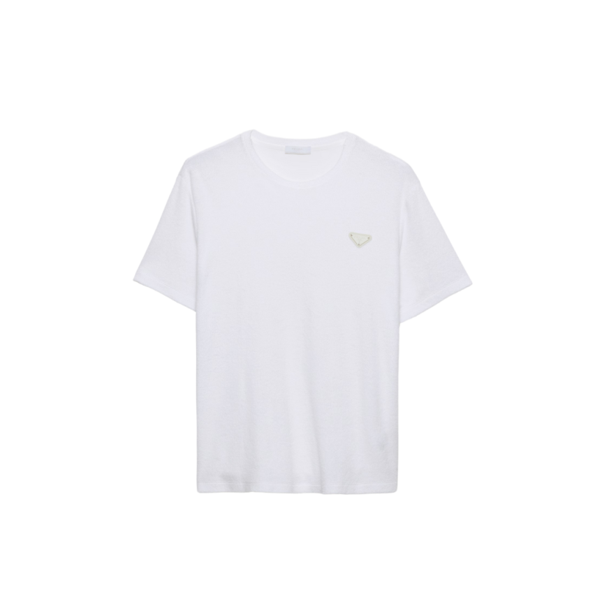 T-shirt PRADA col rond coton éponge blanc logo triangle métal