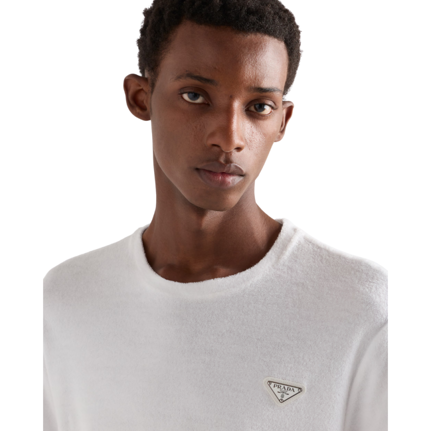 T-shirt PRADA col rond coton éponge blanc logo triangle métal
