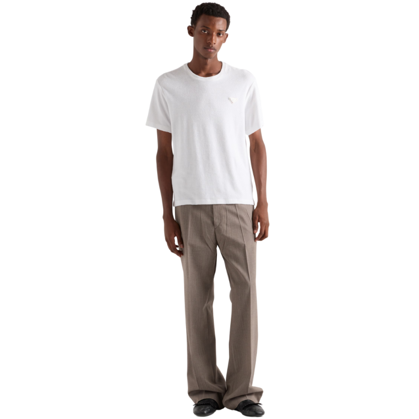 T-shirt PRADA col rond coton éponge blanc logo triangle métal