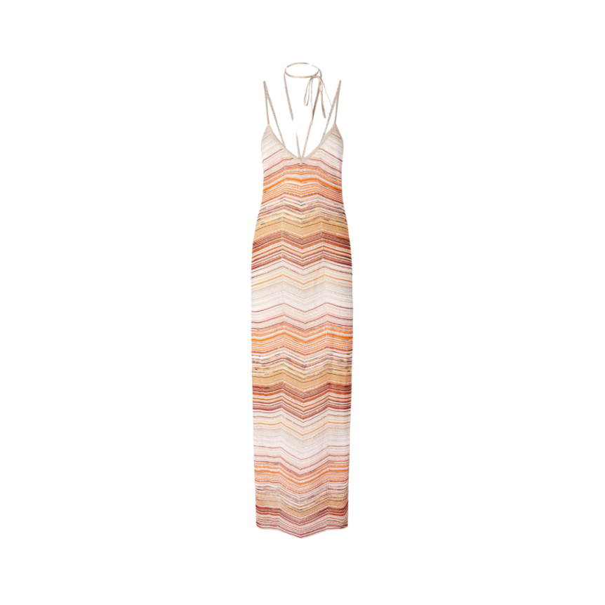 Robe longue MISSONI lamé chevrons sequins et dentelle orange