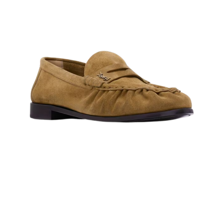 Mocassin Loafer SINT LAURENT cuir daim cognac logo YSL Cassandre doré