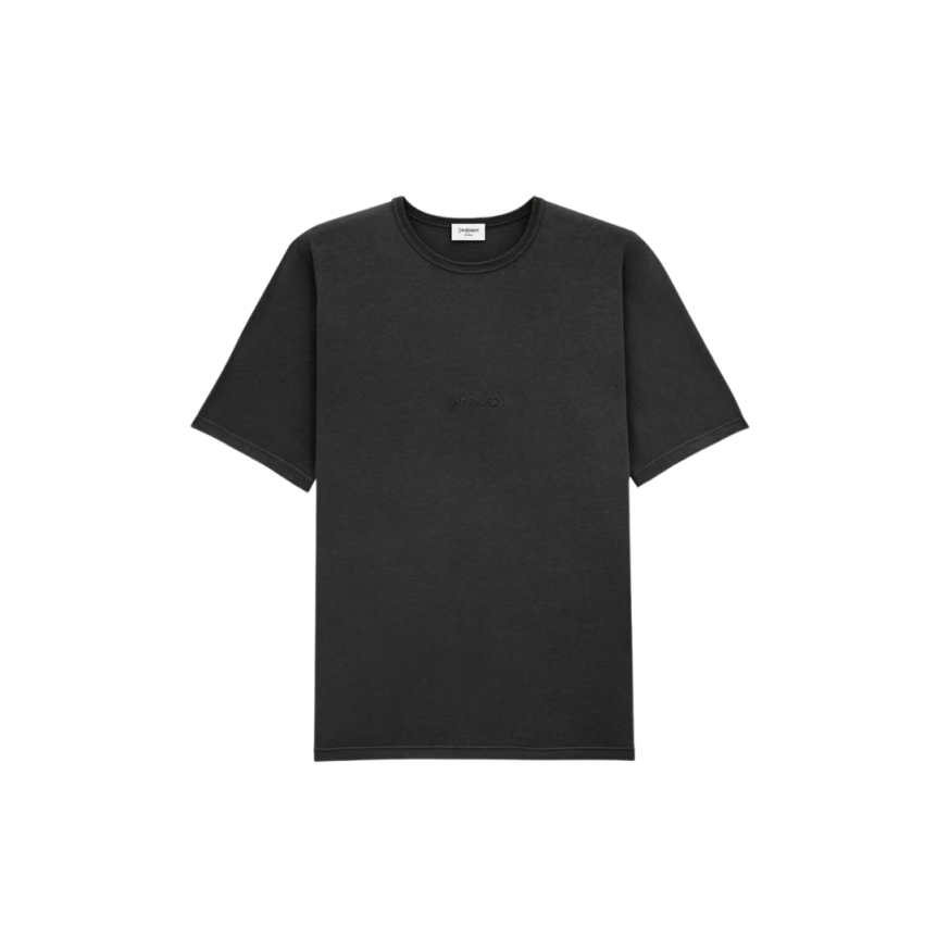 T-shirt col rond SAINT LAURENT coton noir blanchi broderie logo ton sur ton