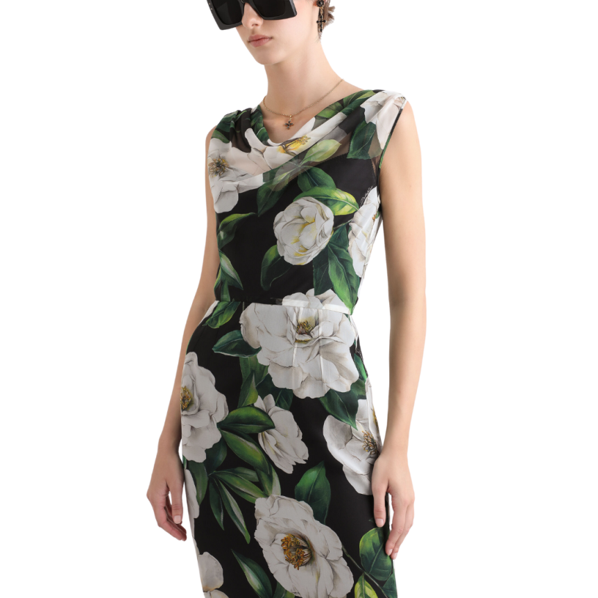 Robe midi DOLCE & GABBANA mousseline de soie noir imprimé gardénia blanc