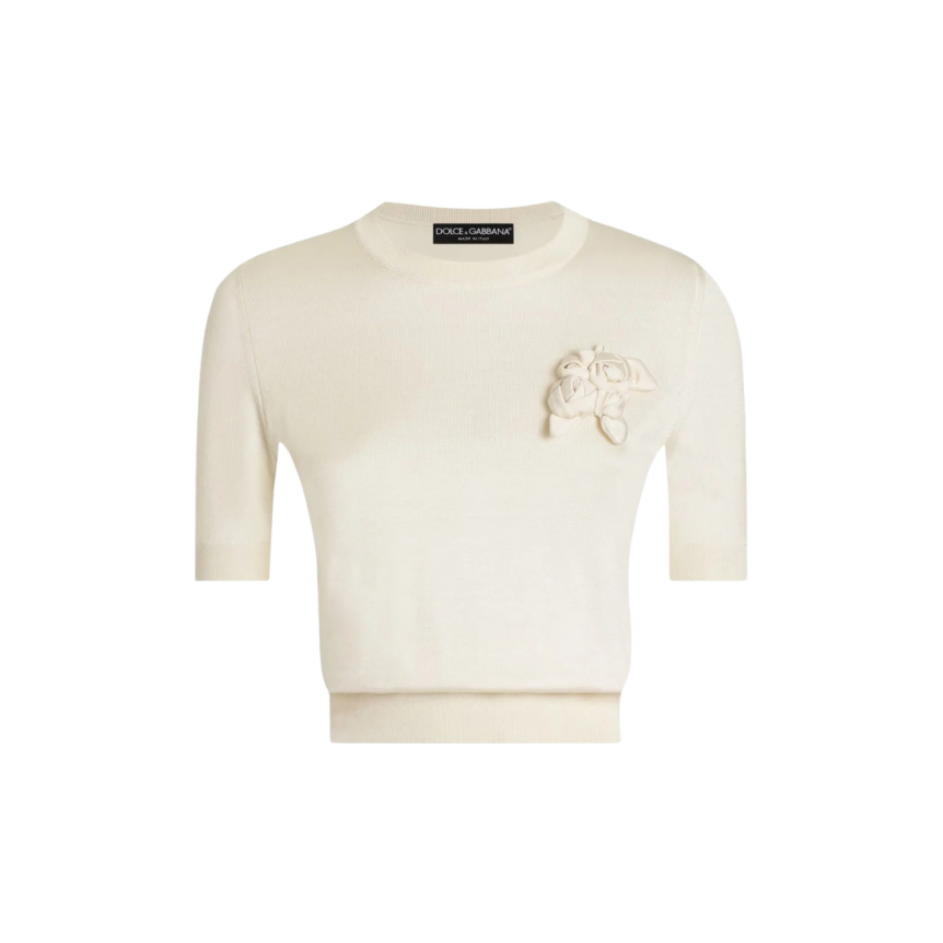 Pull DOLCE & GABBANA en soie écrue à manches courtes avec ornements floraux