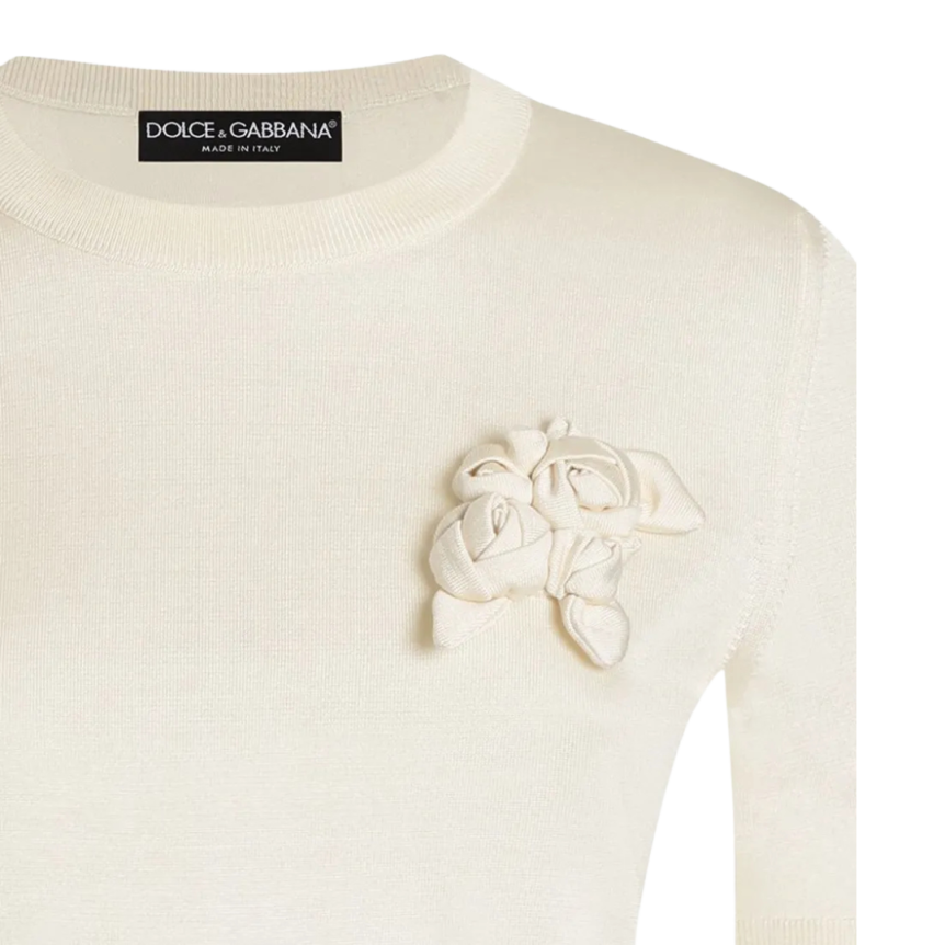 Pull DOLCE & GABBANA en soie écrue à manches courtes avec ornements floraux
