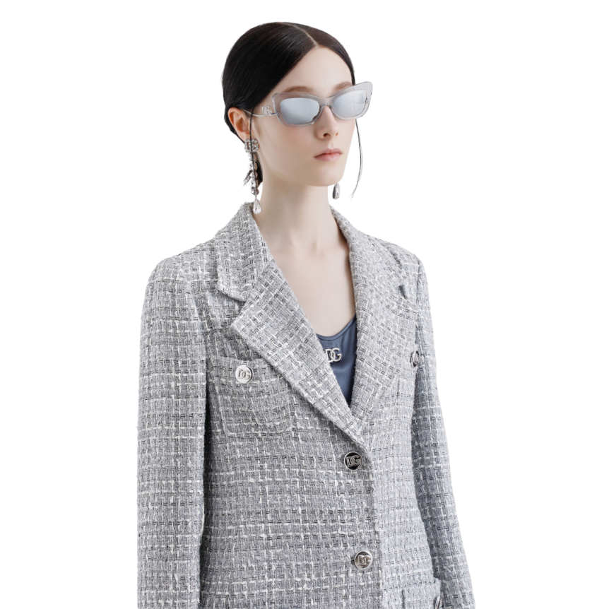 Manteau DOLCE & GABBANA simple boutonnage en tweed lamé bouclé gris argent