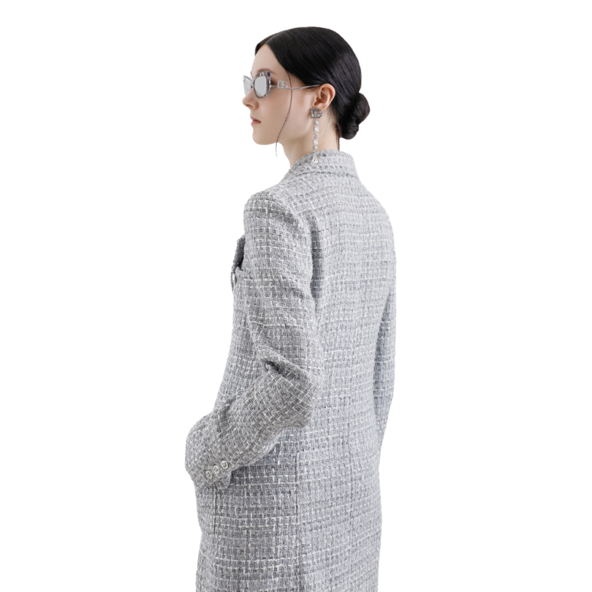 Manteau DOLCE & GABBANA simple boutonnage en tweed lamé bouclé gris argent