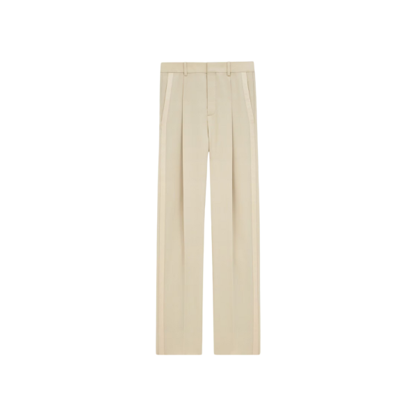 Pantalon smoking SAINT LAURENT carotte taille haute beige bande satin