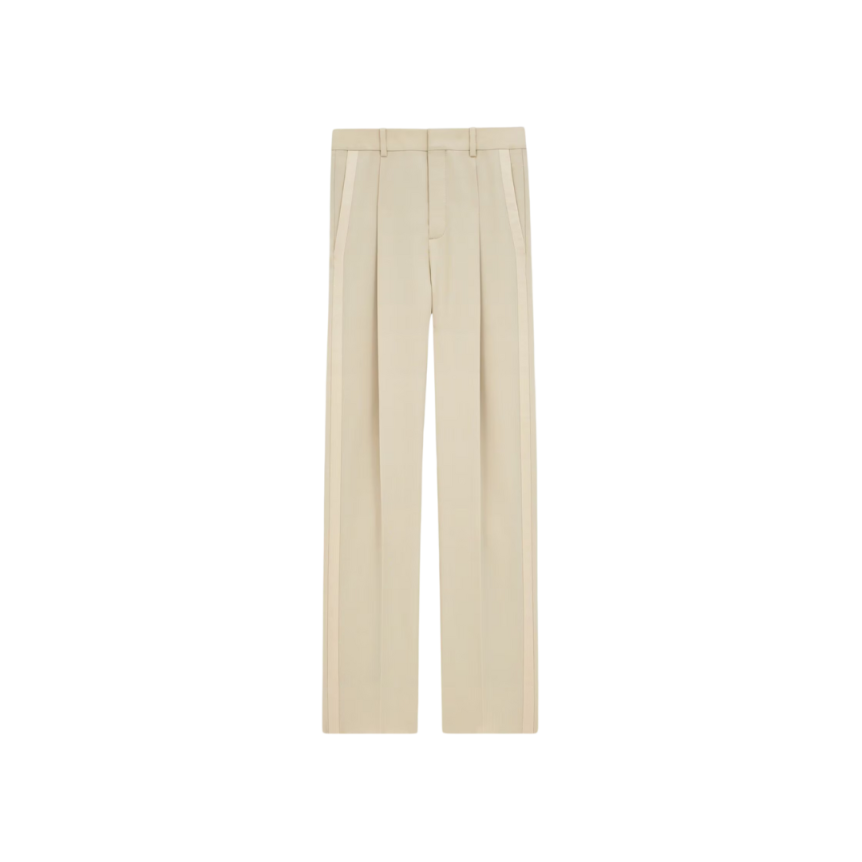 Pantalon smoking SAINT LAURENT carotte taille haute beige bande satin