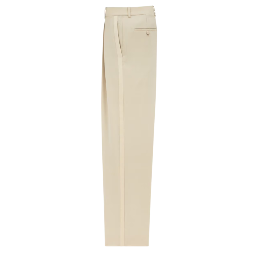 Pantalon smoking SAINT LAURENT carotte taille haute beige bande satin