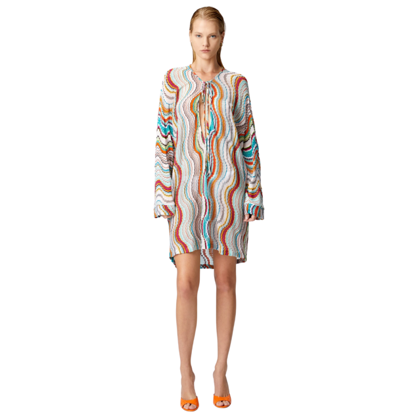 Caftan MISSONI manches longues viscose multicolore motif vague lamé
