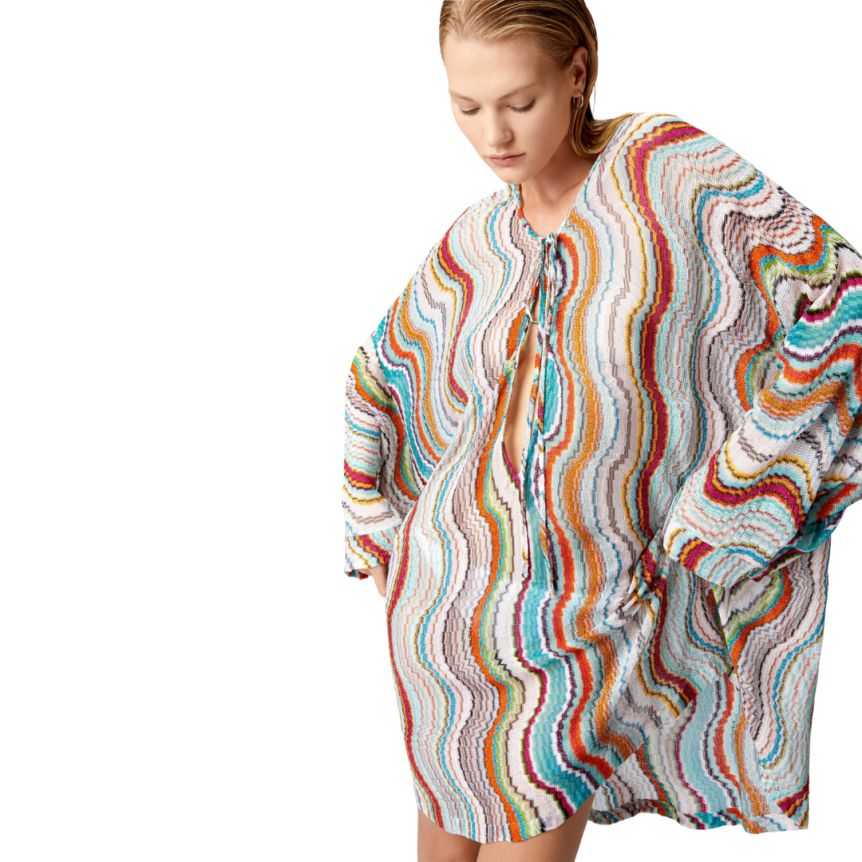 Caftan MISSONI manches longues viscose multicolore motif vague lamé