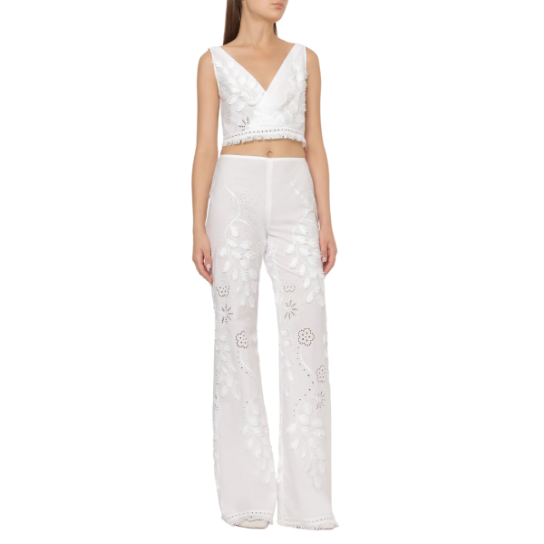 Pantalon ALBERTA FERRETTI Sangallo coton blanc broderie fleurs franges