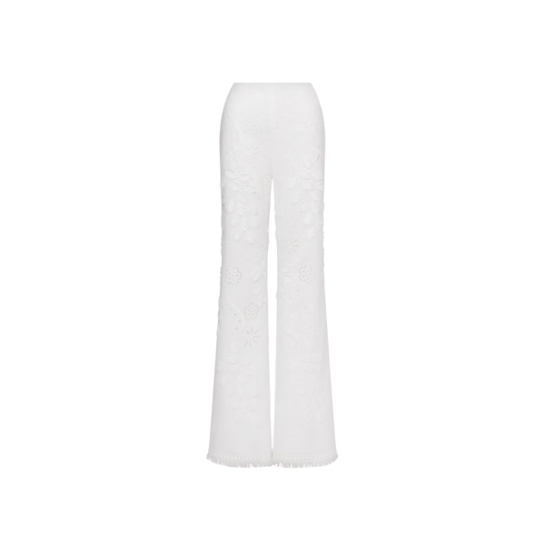 Pantalon ALBERTA FERRETTI Sangallo coton blanc broderie fleurs franges