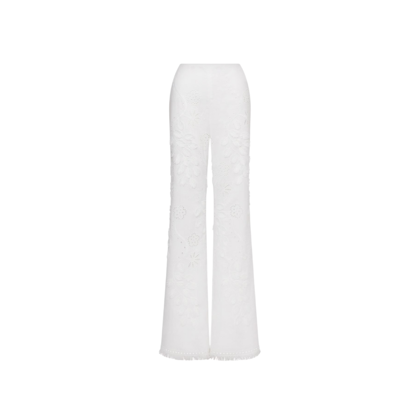 Pantalon ALBERTA FERRETTI Sangallo coton blanc broderie fleurs franges