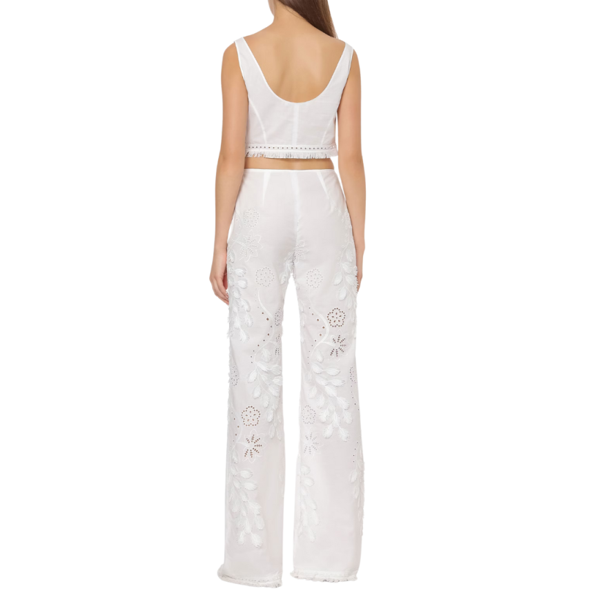 Pantalon ALBERTA FERRETTI Sangallo coton blanc broderie fleurs franges