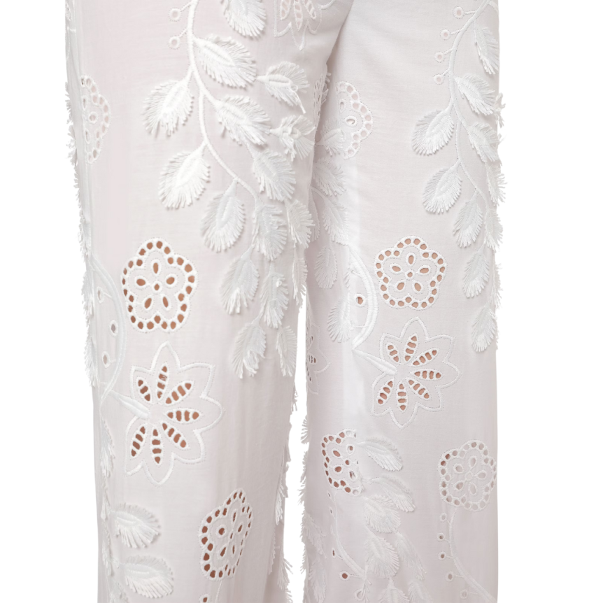 Pantalon ALBERTA FERRETTI Sangallo coton blanc broderie fleurs franges
