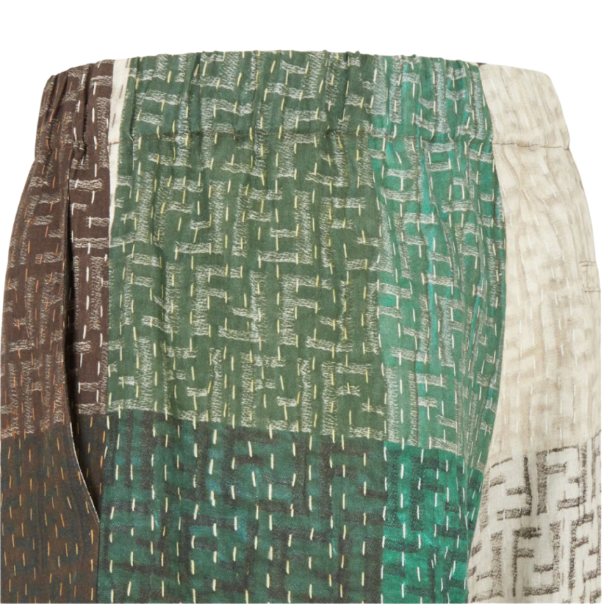 Bermuda taille élastique FENDI lin FF multicolore brun vert patchwork