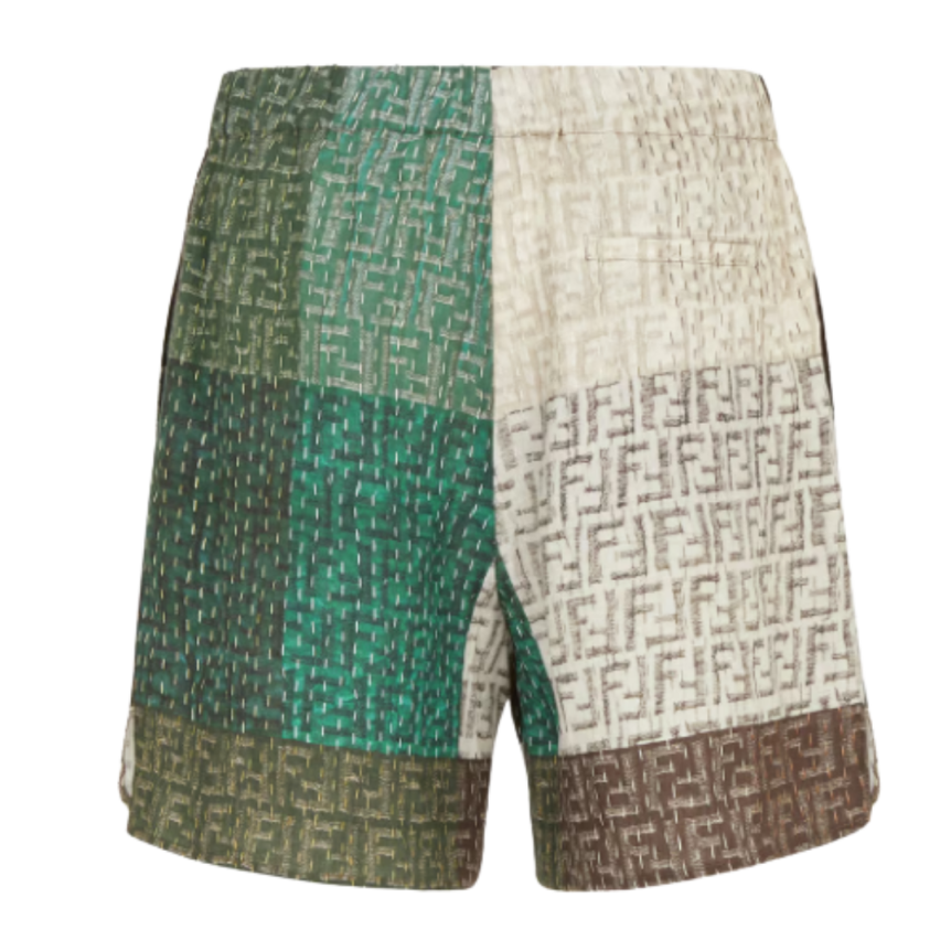 Bermuda taille élastique FENDI lin FF multicolore brun vert patchwork