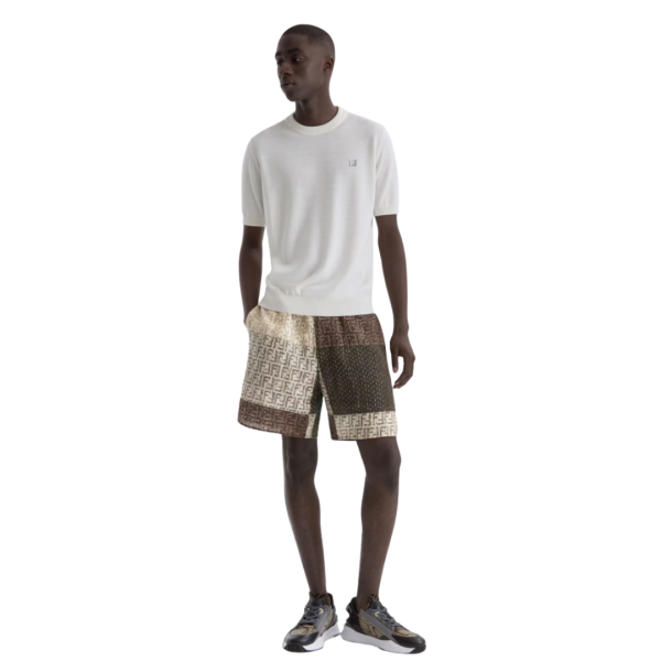 Bermuda taille élastique FENDI lin FF multicolore brun vert patchwork