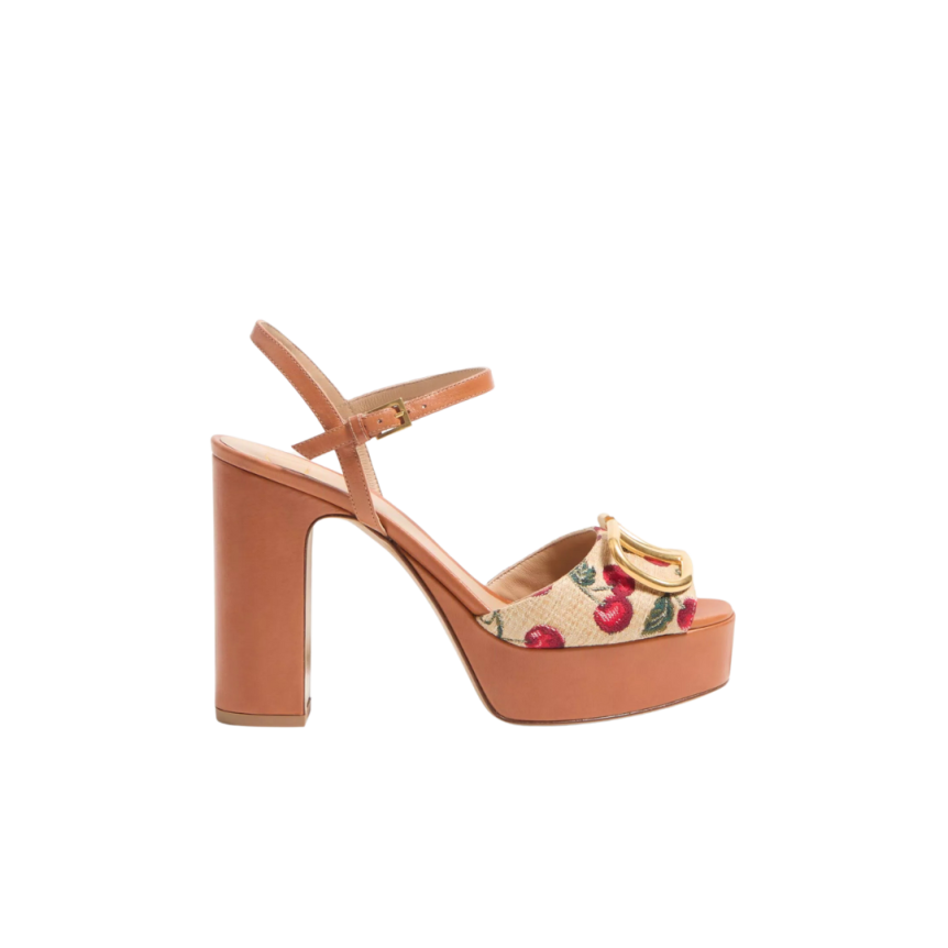 Sandales à plateau VALENTINO V logo signature Raphia motif Cerises