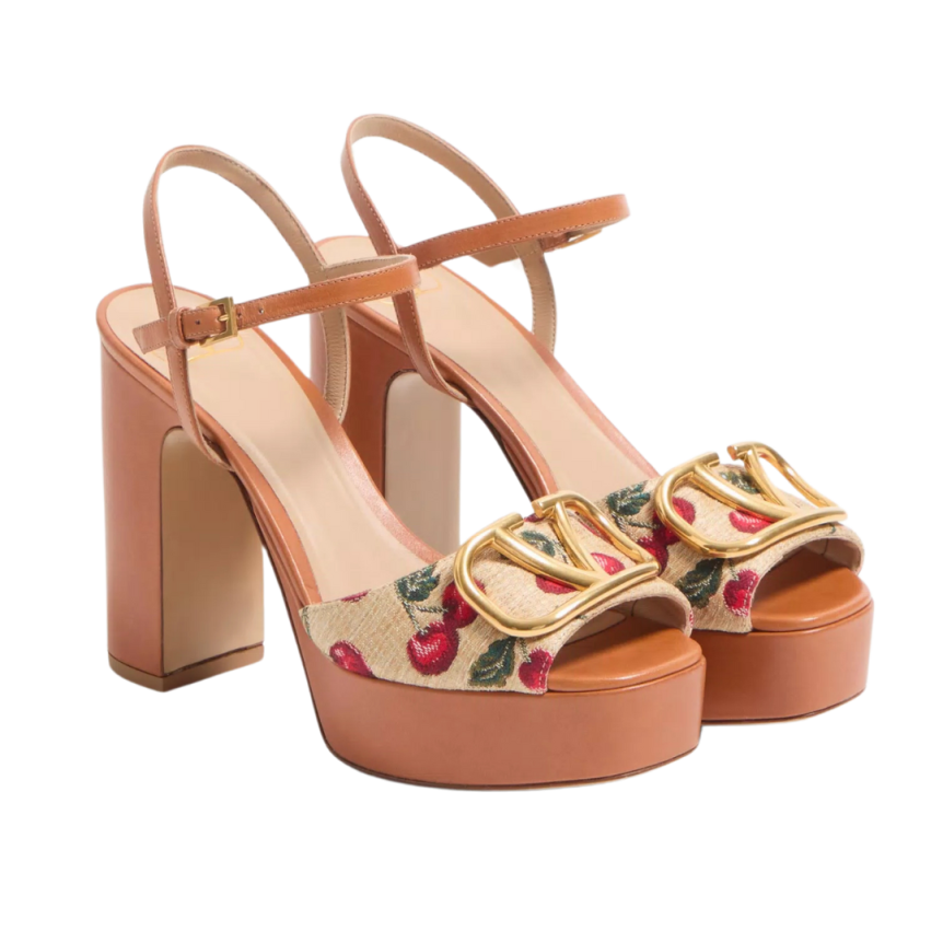 Sandales à plateau VALENTINO V logo signature Raphia motif Cerises
