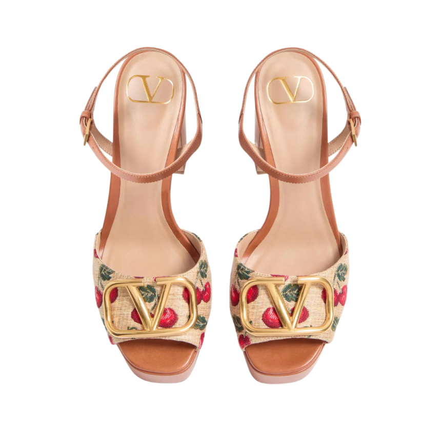 Sandales à plateau VALENTINO V logo signature Raphia motif Cerises