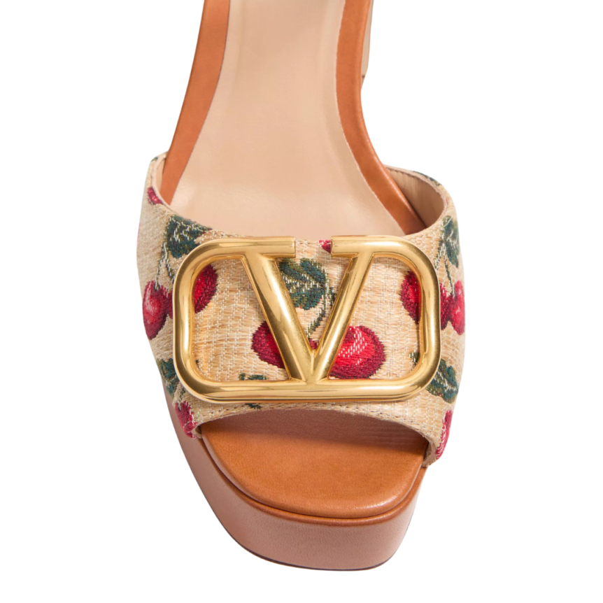 Sandales à plateau VALENTINO V logo signature Raphia motif Cerises
