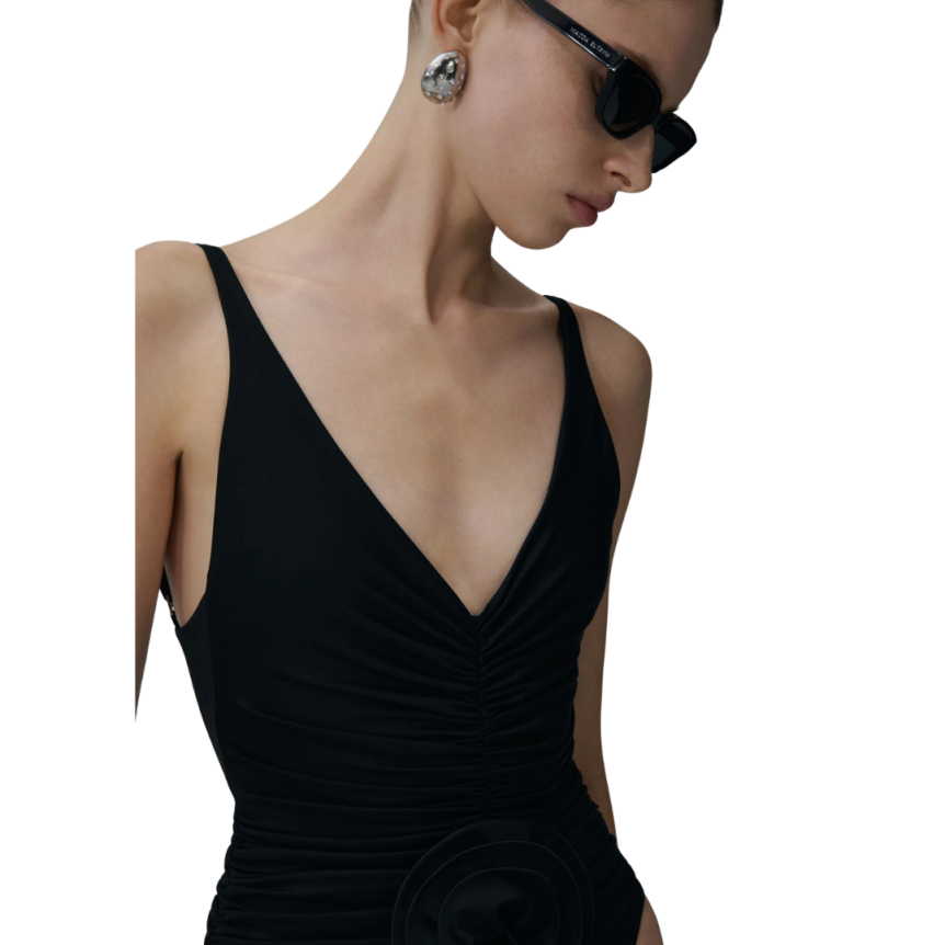 Maillot de bain 1 pièce MAGDA BUTRYM décolleté V fronce noir fleurs