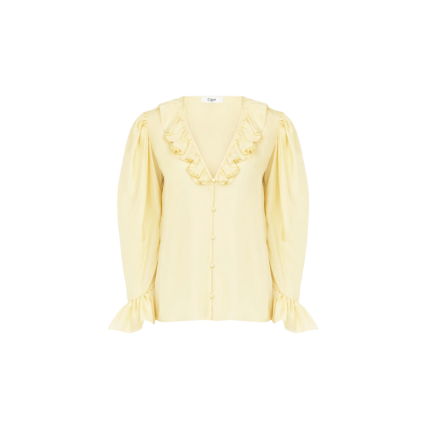 Top Blouse fluide CHLOE col V volants soie habotai jaune