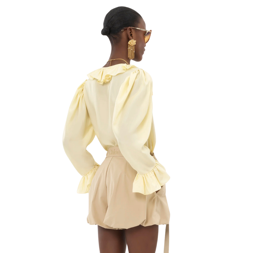 Top Blouse fluide CHLOE col V volants soie habotai jaune