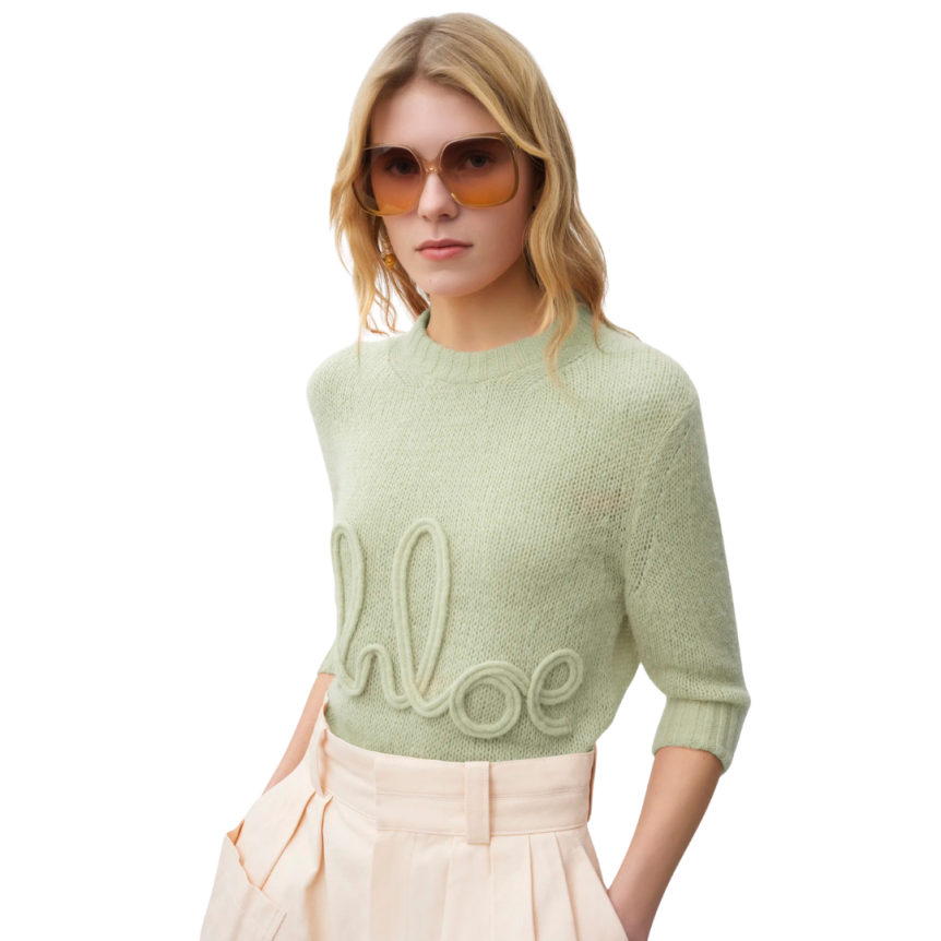 Pull CHLOE col rond manche 3/4 maille laine alpaga soie vert d'eau broderie logo