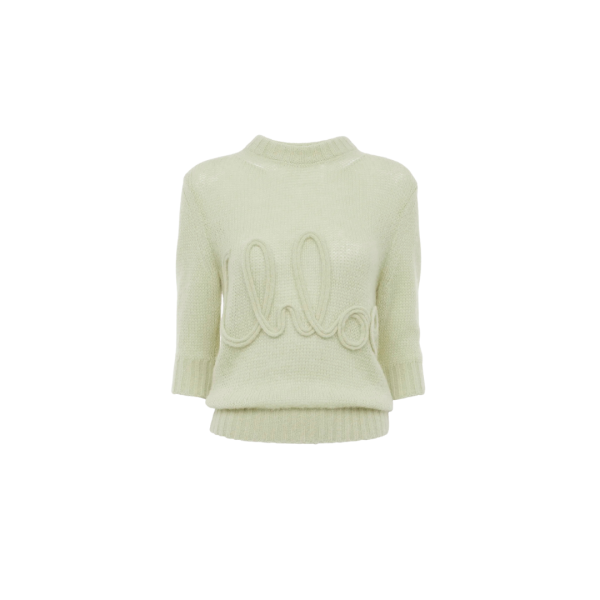 Pull CHLOE col rond manche 3/4 maille laine alpaga soie vert d'eau broderie logo