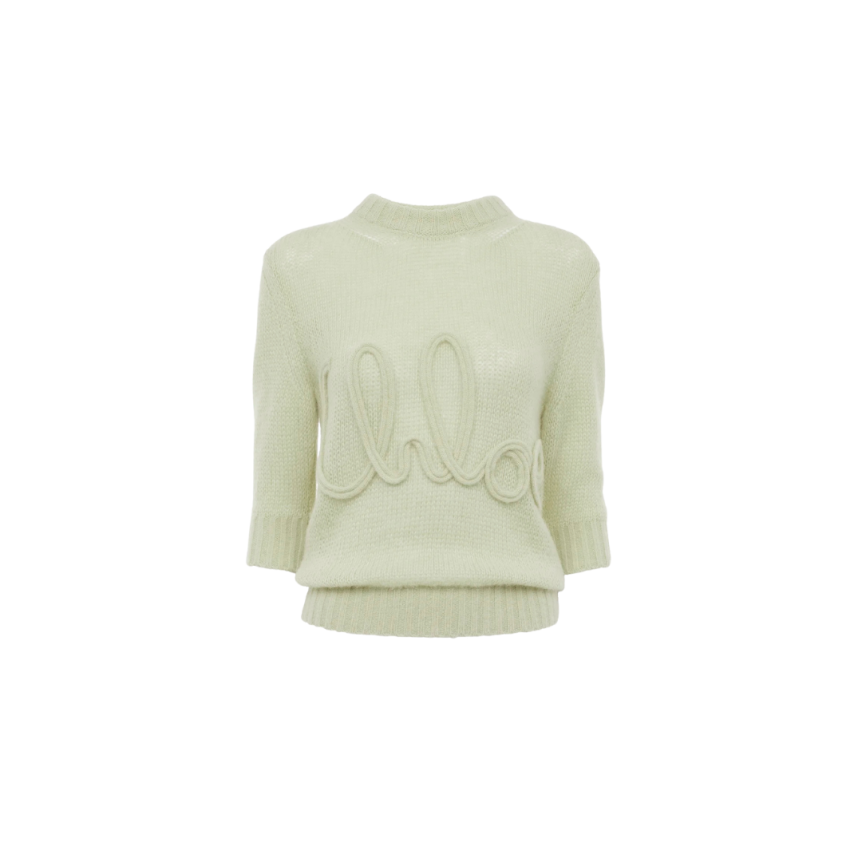 Pull CHLOE col rond manche 3/4 maille laine alpaga soie vert d'eau broderie logo