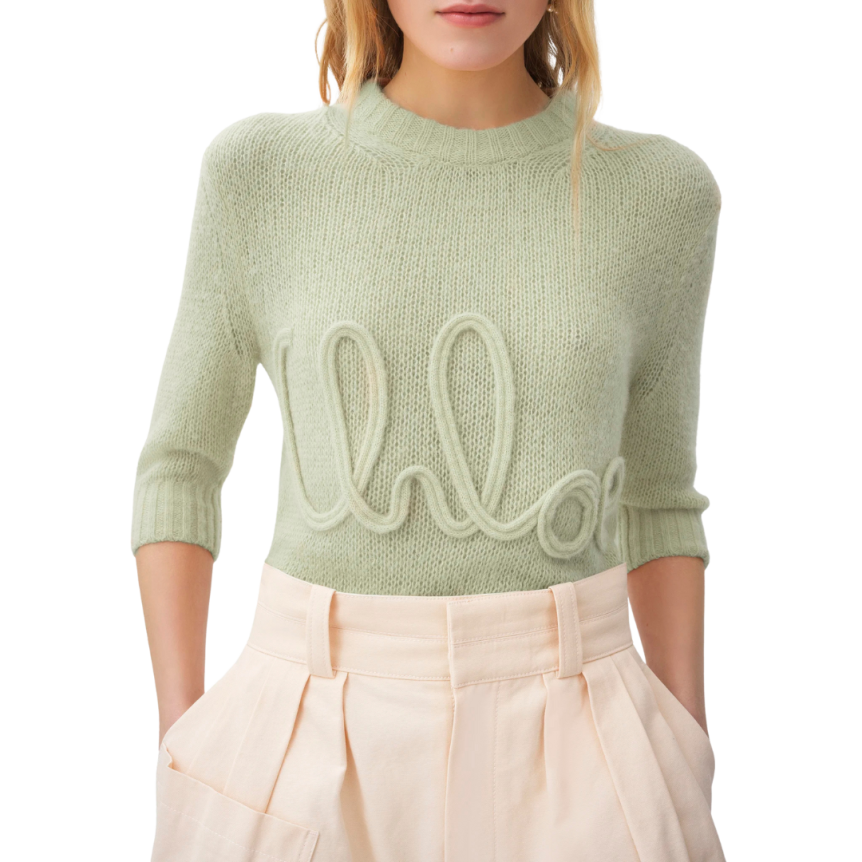 Pull CHLOE col rond manche 3/4 maille laine alpaga soie vert d'eau broderie logo