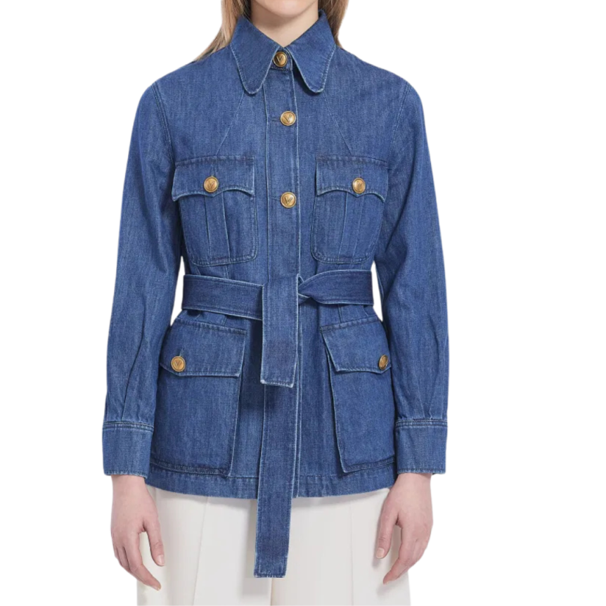Veste saharienne VALENTINO Jean coton denim bleu boutons V Gold