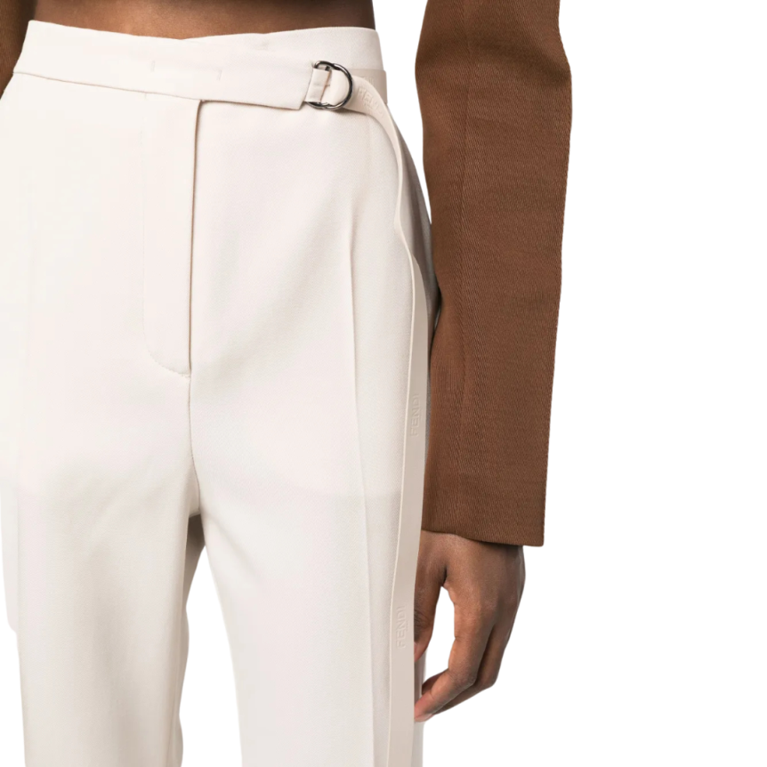 Pantalon long flare FENDI laine vierge écru taille haute