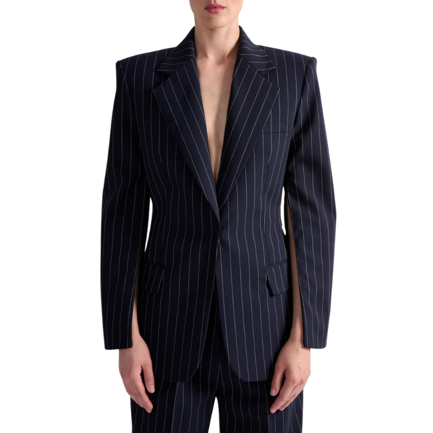 Veste costume BARBARA BUI laine bleu marine rayures tennis blanc cintrée dos