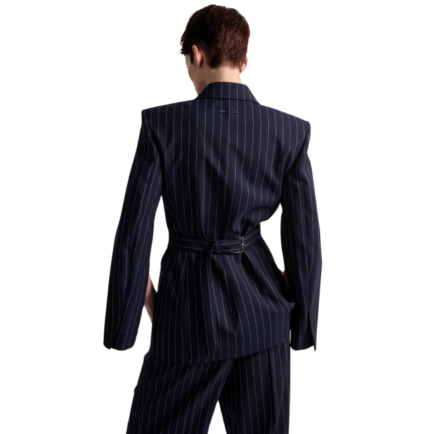 Veste costume BARBARA BUI laine bleu marine rayures tennis blanc cintrée dos