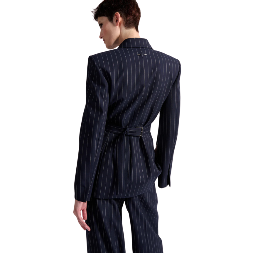 Veste costume BARBARA BUI laine bleu marine rayures tennis blanc cintrée dos