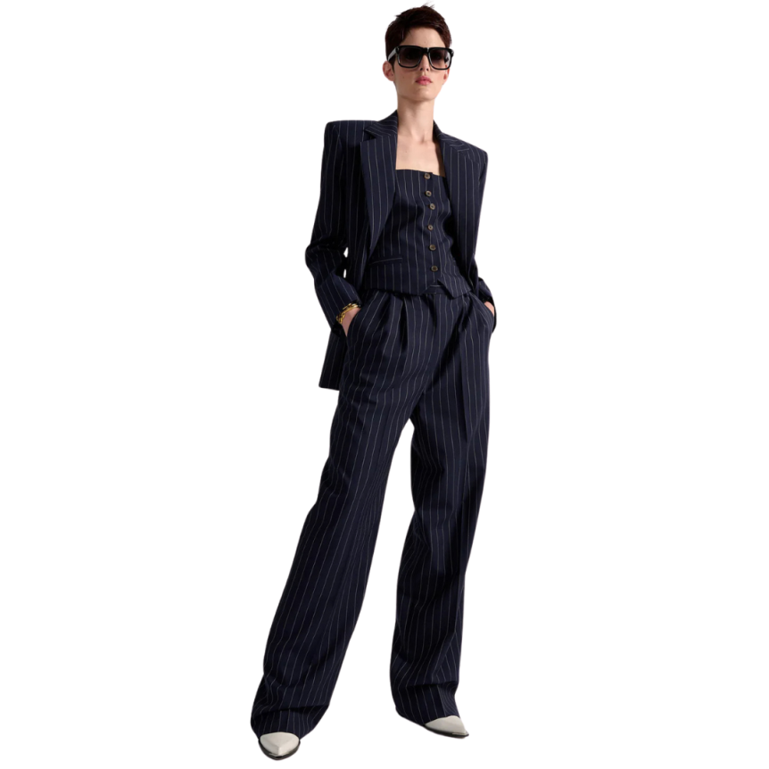 Veste costume BARBARA BUI laine bleu marine rayures tennis blanc cintrée dos