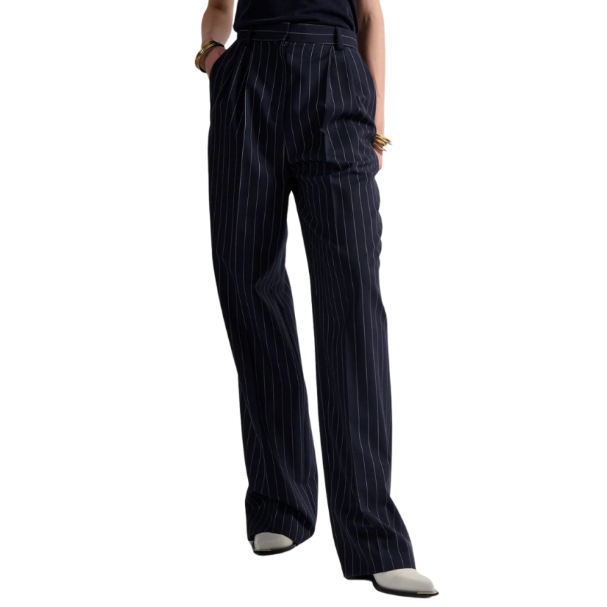 Pantalon taille haute BARBARA BUI large gabardine laine bleu marine rayures tennis