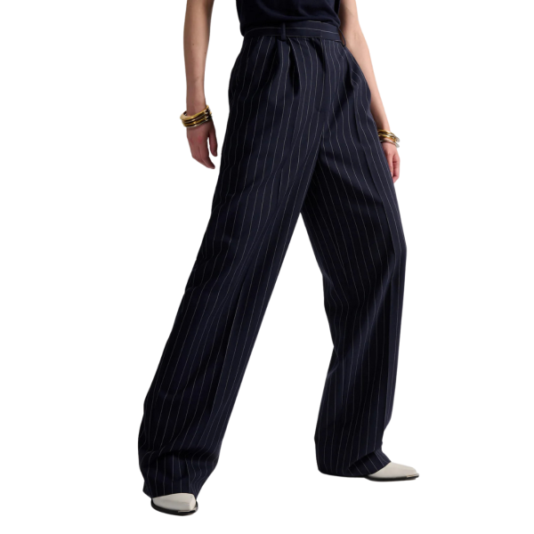 Pantalon taille haute BARBARA BUI large gabardine laine bleu marine rayures tennis