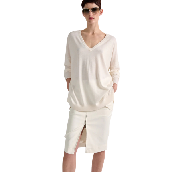 Pull manche longue BARBARA BUI col V échancré recto verso laine soie ivoire