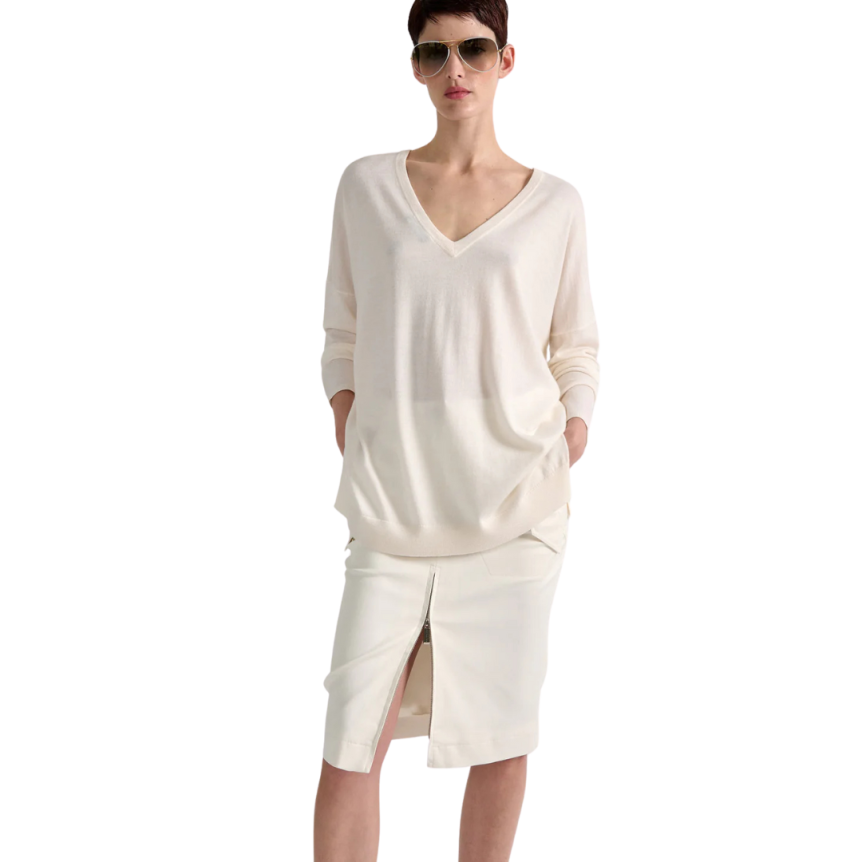 Pull manche longue BARBARA BUI col V échancré recto verso laine soie ivoire