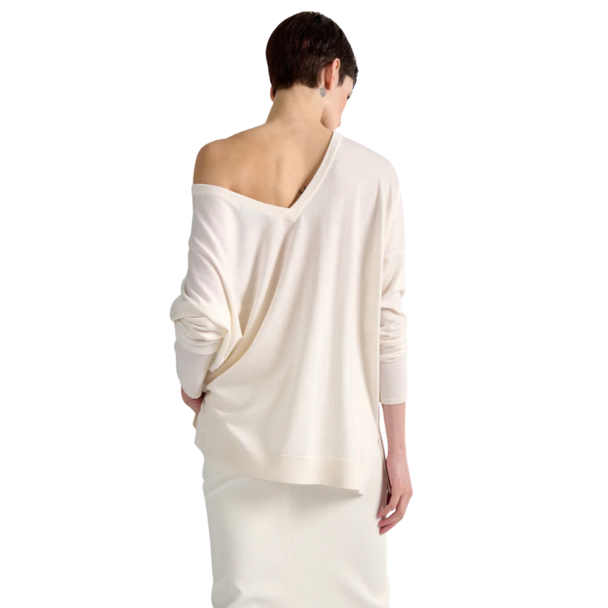 Pull manche longue BARBARA BUI col V échancré recto verso laine soie ivoire