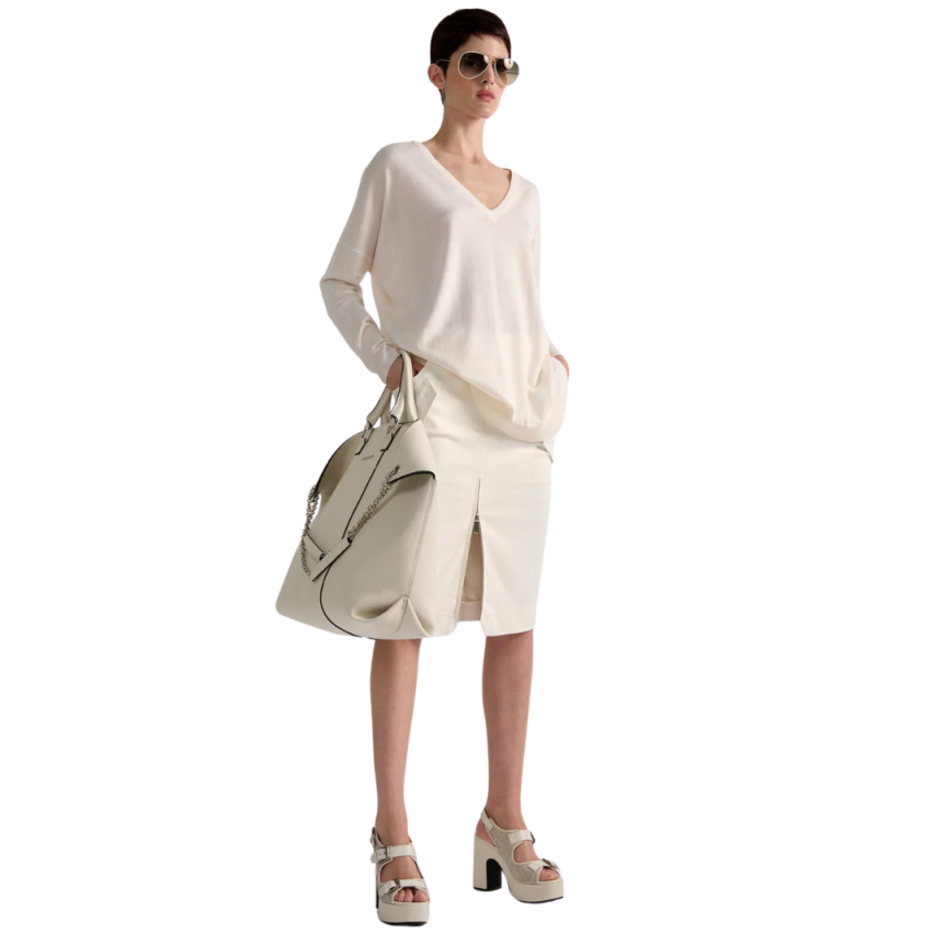 Pull manche longue BARBARA BUI col V échancré recto verso laine soie ivoire